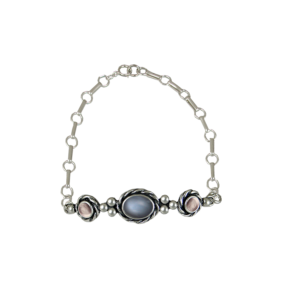 Sterling Silver Gemstone Adjustable Chain Bracelet With Grey Moonstone And Rose Quartz